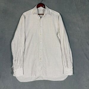 Kiton Mens Striped Linen Cotton Button Down Shirt White Brown Italy Size 17 43